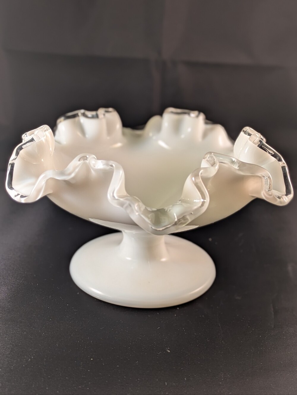Vintage Fenton Silver Crest Ruffle Footed Crimped Compote Dish Bowl Milk Glass